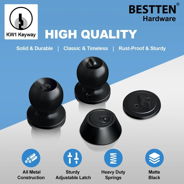 Alt view image 5 of 7 - Exterior Door Knob with Key Lock and Deadbolt, Keyed Alike Matte Black, Door Knob and Single Cylinder Deadbolt Combination Set