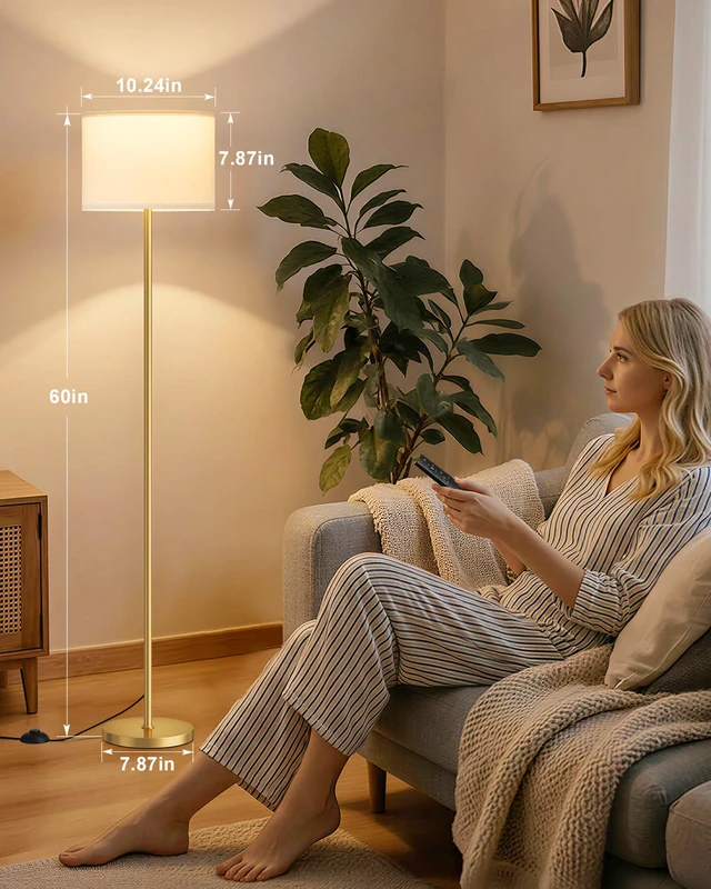 Alt view image 3 of 7 - Dimmable Floor Lamp for Living Room with Remote, 9W 900LM LED Bulb Included, White Shade Gold Pole