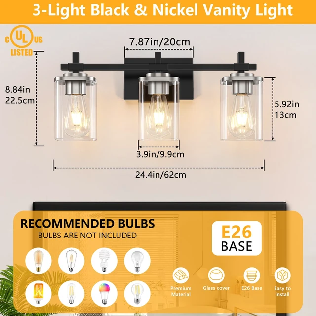 Alt view image 2 of 7 - 3-Lights Black and Brushed Nickel Bathroom Light Fixtures, Modern Black and Nickel Vanity Light with Clear Glass Shade, Wall Mount Lights Over Mirror for Bedroom Hallway Living Room