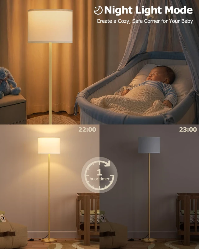 Alt view image 6 of 7 - Dimmable Floor Lamp for Living Room with Remote, 9W 900LM LED Bulb Included, White Shade Gold Pole