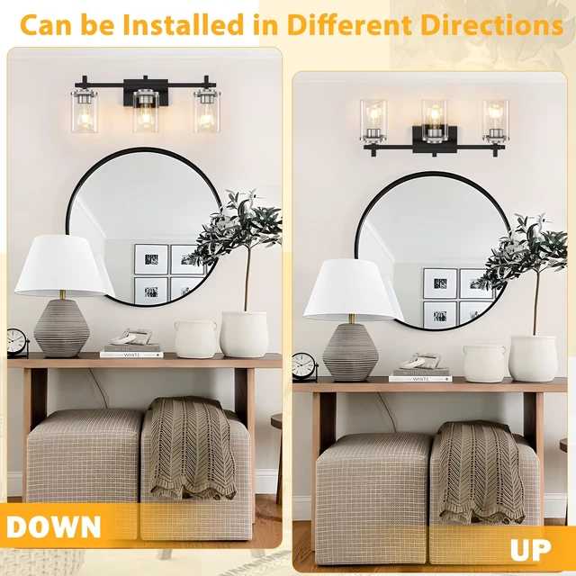 Alt view image 3 of 7 - 3-Lights Black and Brushed Nickel Bathroom Light Fixtures, Modern Black and Nickel Vanity Light with Clear Glass Shade, Wall Mount Lights Over Mirror for Bedroom Hallway Living Room