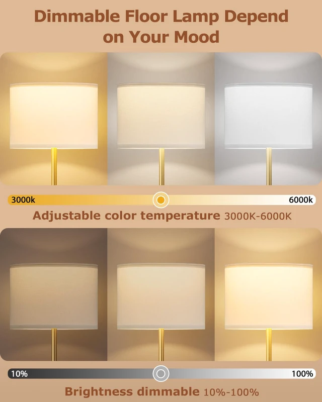 Alt view image 2 of 7 - Dimmable Floor Lamp for Living Room with Remote, 9W 900LM LED Bulb Included, White Shade Gold Pole