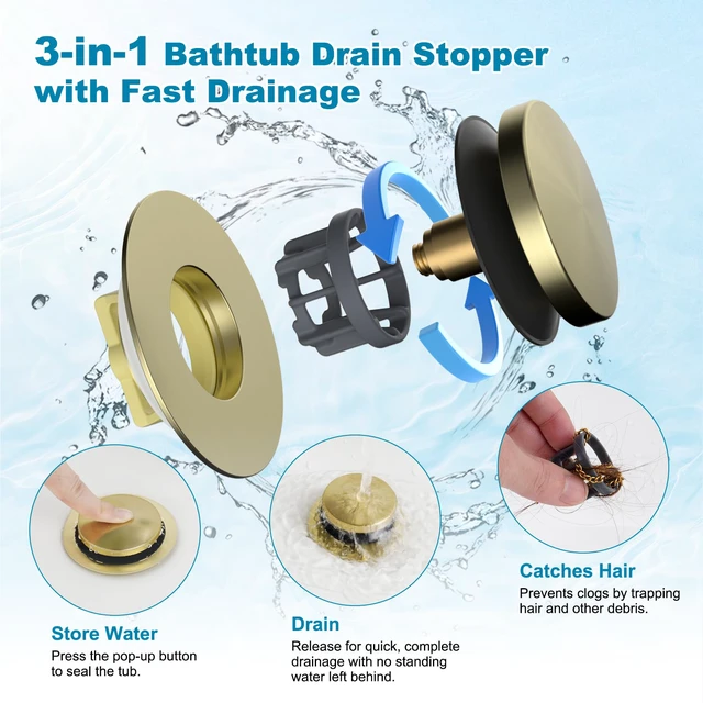 Alt view image 2 of 7 - 3 in 1 Metal Bathtub Drain Stopper, Universal Pop Up Tub Stopper Bathtub Drain Hair Catcher, Removable & Anti-Clogging Filter Basket, Fit 1.5''-2.4'' Drain, Brass Bullet Core, Brushed Gold