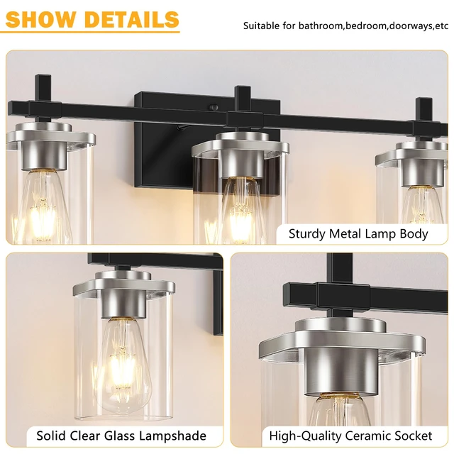 Alt view image 4 of 7 - 3-Lights Black and Brushed Nickel Bathroom Light Fixtures, Modern Black and Nickel Vanity Light with Clear Glass Shade, Wall Mount Lights Over Mirror for Bedroom Hallway Living Room