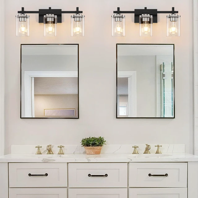 Alt view image 5 of 7 - 3-Lights Black and Brushed Nickel Bathroom Light Fixtures, Modern Black and Nickel Vanity Light with Clear Glass Shade, Wall Mount Lights Over Mirror for Bedroom Hallway Living Room