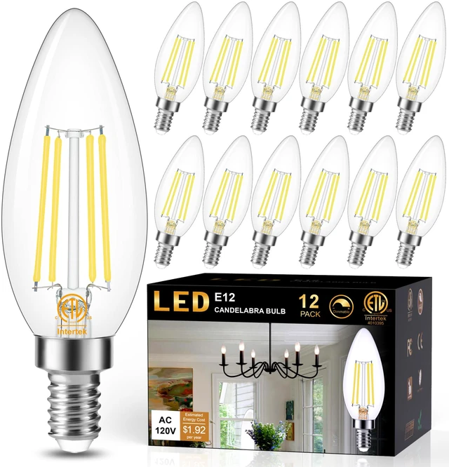 Main image of 12 Pack Dimmable E12 LED Candelabra Bulb 4000K Daylight 60W 600LM CRI 85+ AC 120V Type B Bulb for Chandeliers, Ceiling Fans, Clear Glass Candle Shape, Vintage Filament