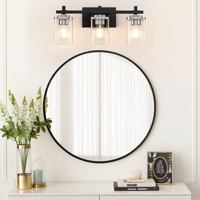 Alt view image 7 of 7 - 3-Lights Black and Brushed Nickel Bathroom Light Fixtures, Modern Black and Nickel Vanity Light with Clear Glass Shade, Wall Mount Lights Over Mirror for Bedroom Hallway Living Room