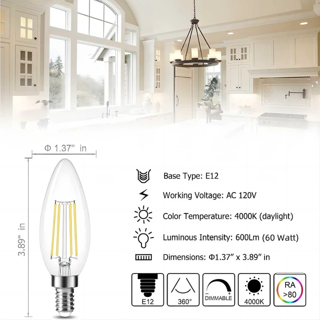 Alt view image 3 of 7 - 12 Pack Dimmable E12 LED Candelabra Bulb 4000K Daylight 60W 600LM CRI 85+ AC 120V Type B Bulb for Chandeliers, Ceiling Fans, Clear Glass Candle Shape, Vintage Filament