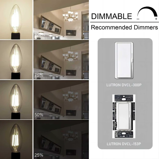 Alt view image 4 of 7 - 12 Pack Dimmable E12 LED Candelabra Bulb 4000K Daylight 60W 600LM CRI 85+ AC 120V Type B Bulb for Chandeliers, Ceiling Fans, Clear Glass Candle Shape, Vintage Filament
