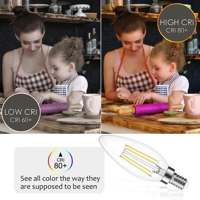 Alt view image 5 of 7 - 12 Pack Dimmable E12 LED Candelabra Bulb 4000K Daylight 60W 600LM CRI 85+ AC 120V Type B Bulb for Chandeliers, Ceiling Fans, Clear Glass Candle Shape, Vintage Filament
