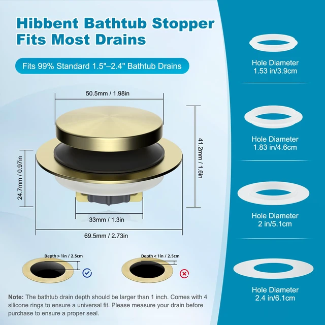 Alt view image 3 of 7 - 3 in 1 Metal Bathtub Drain Stopper, Universal Pop Up Tub Stopper Bathtub Drain Hair Catcher, Removable & Anti-Clogging Filter Basket, Fit 1.5''-2.4'' Drain, Brass Bullet Core, Brushed Gold