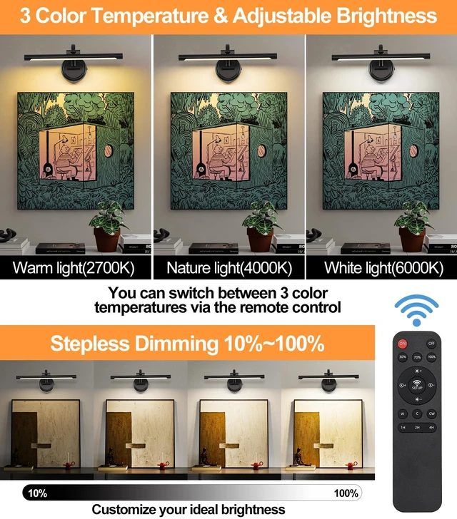 Alt view image 2 of 7 - Rechargeable Picture Light for Wall, Cordless Art Lights Battery Operated, Dimmable Wall Light with Remote & Timer, 3 Color Modes for Paintings, Gallery, Artwork(Black, 15.7inch)