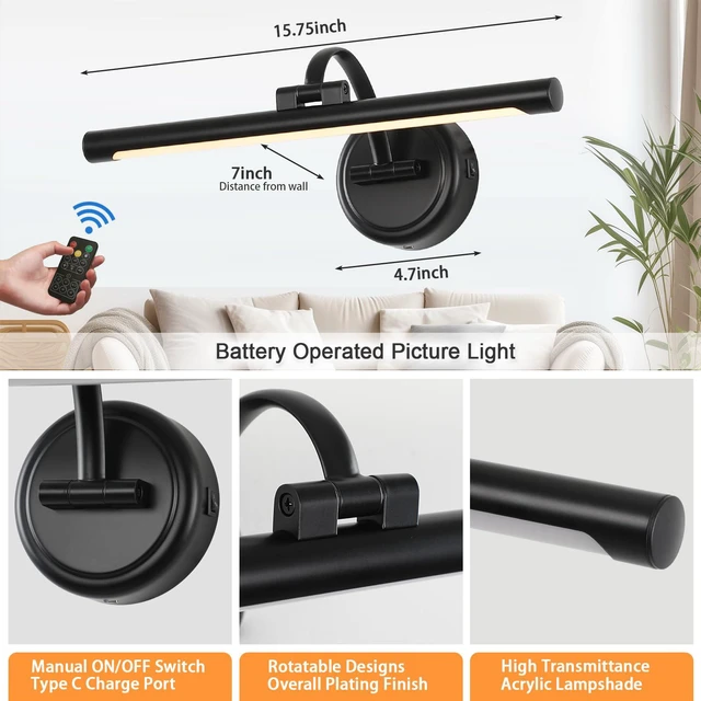 Alt view image 3 of 7 - Rechargeable Picture Light for Wall, Cordless Art Lights Battery Operated, Dimmable Wall Light with Remote & Timer, 3 Color Modes for Paintings, Gallery, Artwork(Black, 15.7inch)