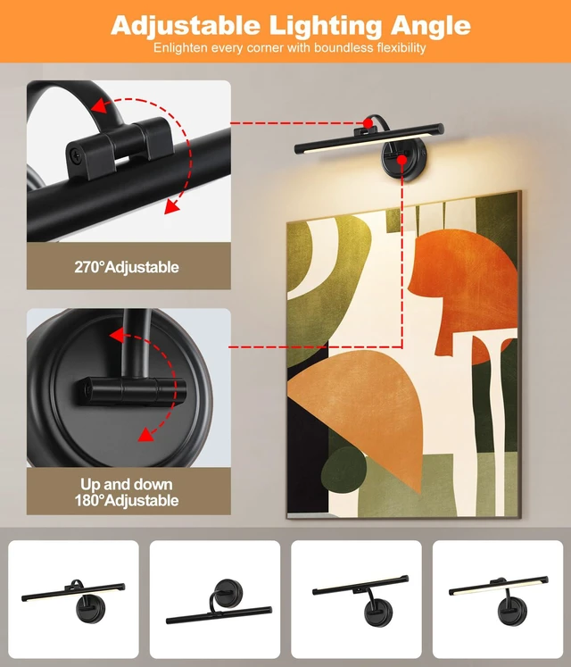 Alt view image 5 of 7 - Rechargeable Picture Light for Wall, Cordless Art Lights Battery Operated, Dimmable Wall Light with Remote & Timer, 3 Color Modes for Paintings, Gallery, Artwork(Black, 15.7inch)