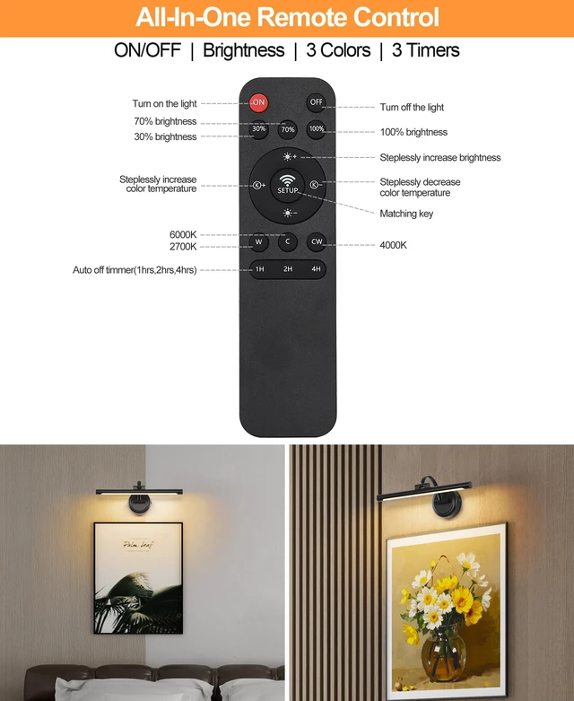 Alt view image 7 of 7 - Rechargeable Picture Light for Wall, Cordless Art Lights Battery Operated, Dimmable Wall Light with Remote & Timer, 3 Color Modes for Paintings, Gallery, Artwork(Black, 15.7inch)