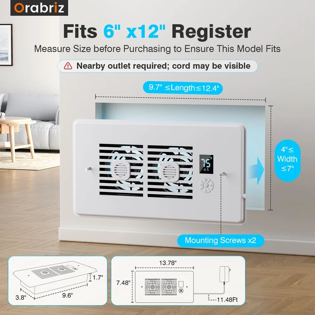 Alt view image 2 of 6 - AC Vent Booster Fan 6" x 12" Register, Fixes Home Uneven Airflow Heavy-Duty 10-Speed Air Booster Fan with Thermostat Control, Remote & LCD Display, Aroma Pad Slot