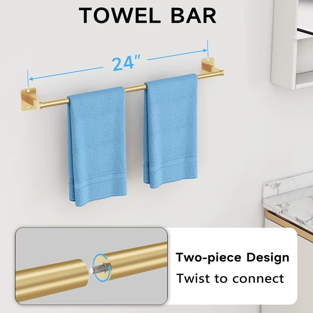 Alt view image 2 of 7 - Bathroom Accessories Set, 4-Piece Gold Bathroom Hardware Set 24 inch Towel Bar, Towel Racks for Bathroom, Robe Towel Hooks, Toilet Paper Holder Wall Mounted