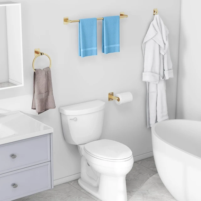 Alt view image 6 of 7 - Bathroom Accessories Set, 4-Piece Gold Bathroom Hardware Set 24 inch Towel Bar, Towel Racks for Bathroom, Robe Towel Hooks, Toilet Paper Holder Wall Mounted