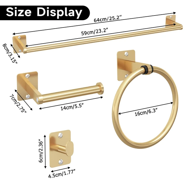 Alt view image 7 of 7 - Bathroom Accessories Set, 4-Piece Gold Bathroom Hardware Set 24 inch Towel Bar, Towel Racks for Bathroom, Robe Towel Hooks, Toilet Paper Holder Wall Mounted