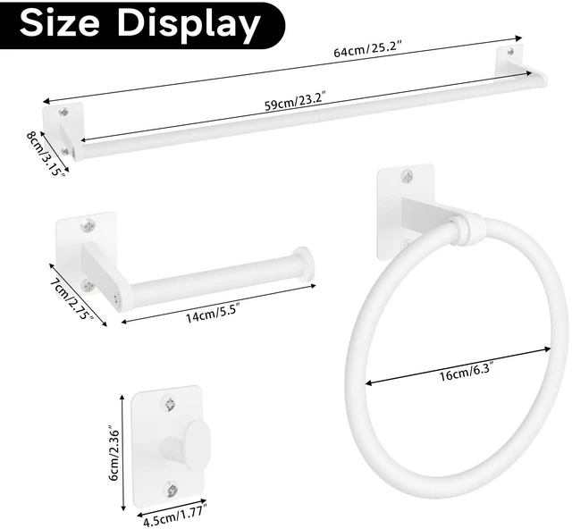 Alt view image 7 of 7 - Bathroom Accessories Set, 4-Piece White Bathroom Hardware Set 24 inch Towel Bar, Towel Racks for Bathroom, Robe Towel Hooks, Toilet Paper Holder Wall Mounted