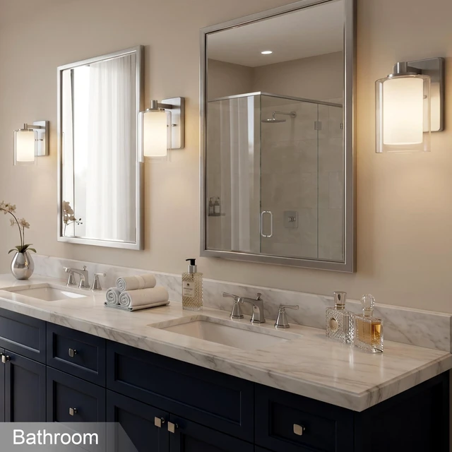 Alt view image 2 of 7 - Wall Sconces Set of Two, Modern Brushed Nickel Vanity Wall Lights Double Clear Glass Shades With E26 Base, Farmhouse Wall Lights For Bathroom, Bedroom, Living Room, Mirror And Hallway
