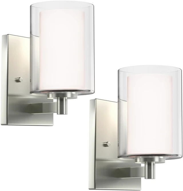 Main image of Wall Sconces Set of Two, Modern Brushed Nickel Vanity Wall Lights Double Clear Glass Shades With E26 Base, Farmhouse Wall Lights For Bathroom, Bedroom, Living Room, Mirror And Hallway