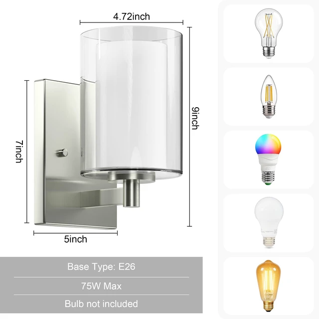 Alt view image 3 of 7 - Wall Sconces Set of Two, Modern Brushed Nickel Vanity Wall Lights Double Clear Glass Shades With E26 Base, Farmhouse Wall Lights For Bathroom, Bedroom, Living Room, Mirror And Hallway