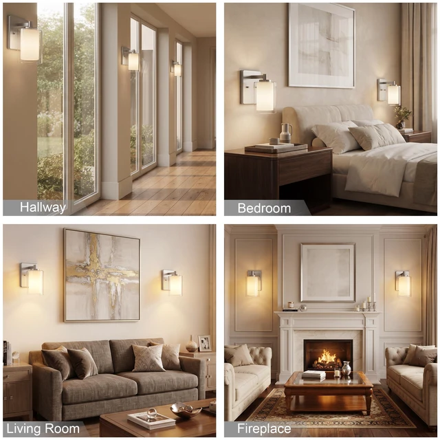 Alt view image 4 of 7 - Wall Sconces Set of Two, Modern Brushed Nickel Vanity Wall Lights Double Clear Glass Shades With E26 Base, Farmhouse Wall Lights For Bathroom, Bedroom, Living Room, Mirror And Hallway