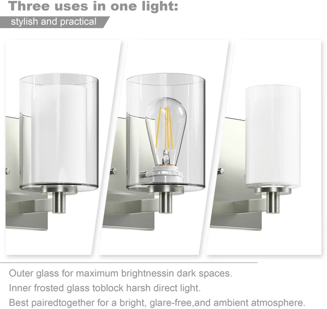 Alt view image 7 of 7 - Wall Sconces Set of Two, Modern Brushed Nickel Vanity Wall Lights Double Clear Glass Shades With E26 Base, Farmhouse Wall Lights For Bathroom, Bedroom, Living Room, Mirror And Hallway