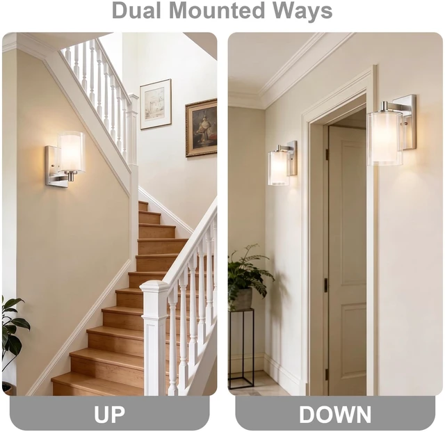 Alt view image 6 of 7 - Wall Sconces Set of Two, Modern Brushed Nickel Vanity Wall Lights Double Clear Glass Shades With E26 Base, Farmhouse Wall Lights For Bathroom, Bedroom, Living Room, Mirror And Hallway