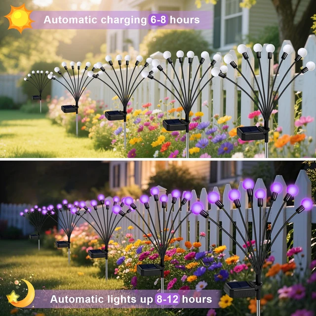 Alt view image 3 of 7 - Solar Garden Lights Outdoor Waterproof, Swaying Firefly Light, Garden Decor 4 Pack Solar Firefly Lights, Auto On/Off Decor for Yard, Patio, Pathway and Lawn, Gifts for Women, Christmas Decor (Purple)
