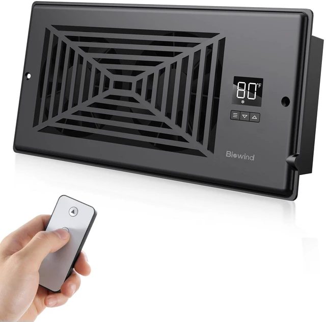 Main image of Quiet Smart Register Booster Fan Fits 4" x 10" Vent Opening, Black Smart Heating Cooling AC Vent Fan, Temp-Based Auto On/Off, 10-Speed Remote, Thermostat Control, Power-Off Memory