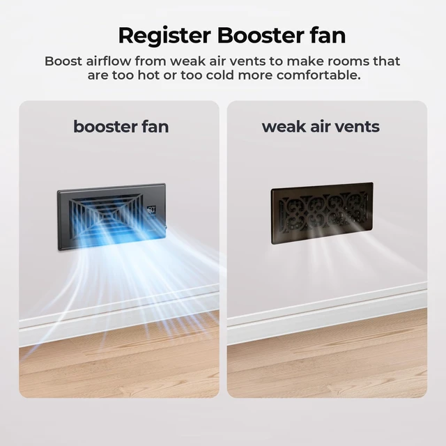 Alt view image 2 of 7 - Quiet Smart Register Booster Fan Fits 4" x 10" Vent Opening, Black Smart Heating Cooling AC Vent Fan, Temp-Based Auto On/Off, 10-Speed Remote, Thermostat Control, Power-Off Memory