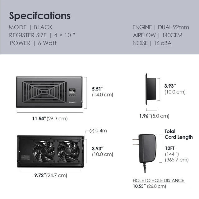 Alt view image 6 of 7 - Quiet Smart Register Booster Fan Fits 4" x 10" Vent Opening, Black Smart Heating Cooling AC Vent Fan, Temp-Based Auto On/Off, 10-Speed Remote, Thermostat Control, Power-Off Memory
