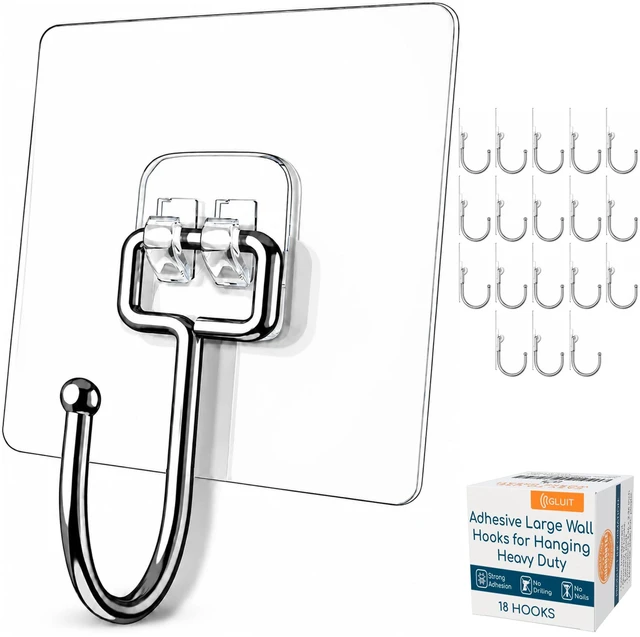 Main image of Adhesive Large Wall Hooks for Hanging Heavy Duty No Drill, 22 lbs, 18 pcs Adhesive Hooks for Hanging, Transparent, Waterproof, Sticky Towel Hook for Bathroom, Kitchen, Home, Office, Outdoor