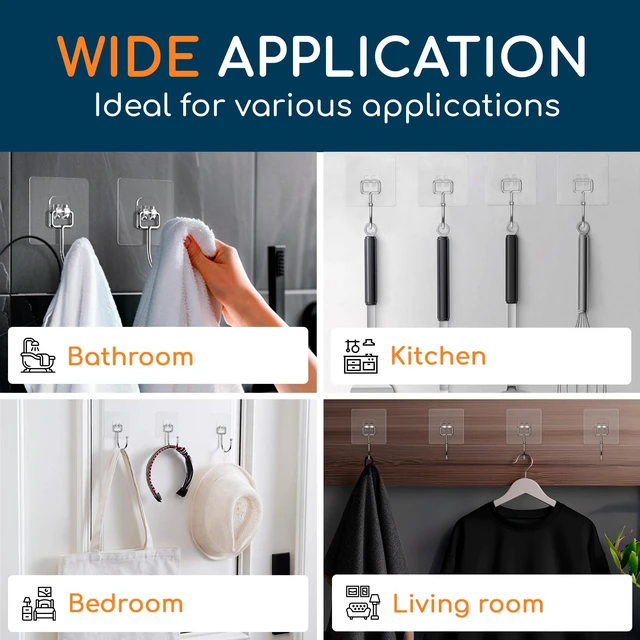 Alt view image 4 of 7 - Adhesive Large Wall Hooks for Hanging Heavy Duty No Drill, 22 lbs, 18 pcs Adhesive Hooks for Hanging, Transparent, Waterproof, Sticky Towel Hook for Bathroom, Kitchen, Home, Office, Outdoor