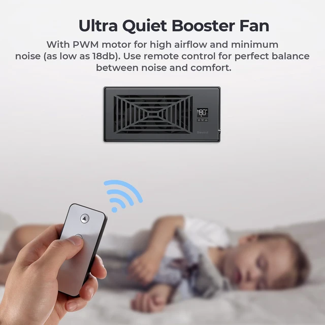 Alt view image 5 of 7 - Quiet Smart Register Booster Fan Fits 4" x 10" Vent Opening, Black Smart Heating Cooling AC Vent Fan, Temp-Based Auto On/Off, 10-Speed Remote, Thermostat Control, Power-Off Memory