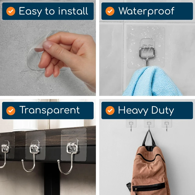 Alt view image 5 of 7 - Adhesive Large Wall Hooks for Hanging Heavy Duty No Drill, 22 lbs, 18 pcs Adhesive Hooks for Hanging, Transparent, Waterproof, Sticky Towel Hook for Bathroom, Kitchen, Home, Office, Outdoor