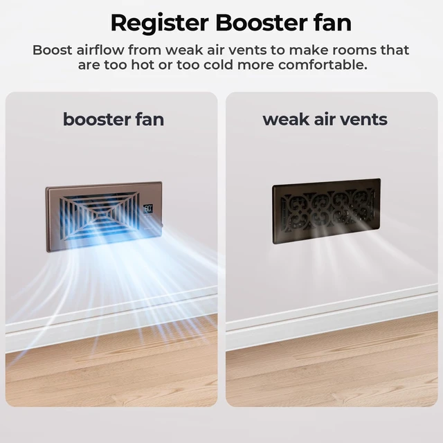 Alt view image 2 of 7 - Quiet Smart Register Booster Fan Fits 4" x 10" Vent Opening, Bronze Smart Heating Cooling AC Vent Fan, Temp-Based Auto On/Off, 10-Speed Remote, Thermostat Control, Power-Off Memory