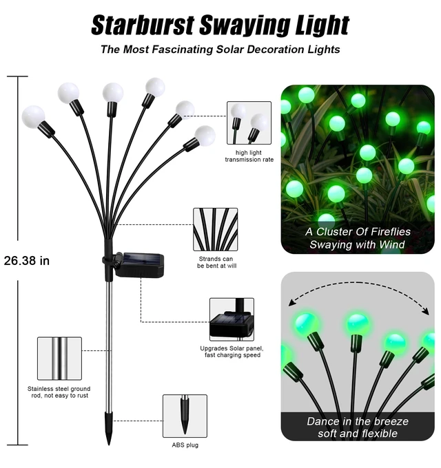 Alt view image 4 of 7 - Solar Garden Lights Outdoor Waterproof, Swaying Firefly Light, Garden Decor 4 Pack Solar Firefly Lights, Auto On/Off Decor for Yard, Patio, Pathway and Lawn, Gifts for Women, Christmas Decor (Green)
