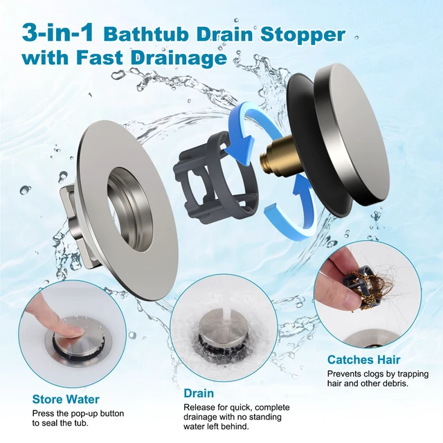 Alt view image 2 of 7 - 2 Pack 3 in 1 Metal Bathtub Drain Stopper, Bathtub Hair Catcher Universal Pop Up Tub Stopper, Removable & Anti-Clogging Filter Basket, Fit 1.5''-2.4'' Drain, Brass Core, Brushed Nickel