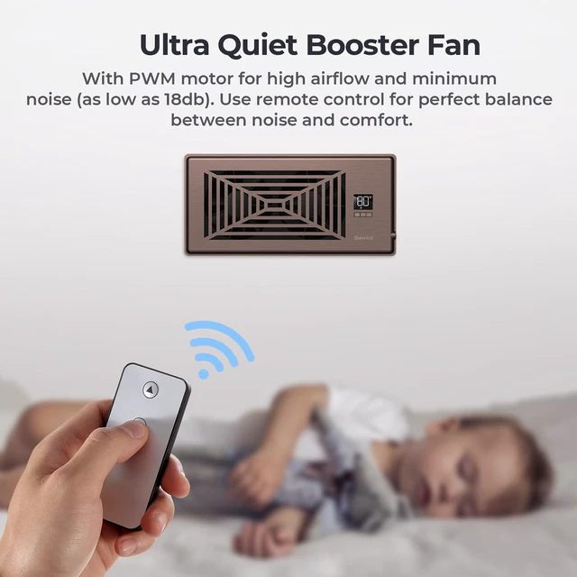 Alt view image 5 of 7 - Quiet Smart Register Booster Fan Fits 4" x 10" Vent Opening, Bronze Smart Heating Cooling AC Vent Fan, Temp-Based Auto On/Off, 10-Speed Remote, Thermostat Control, Power-Off Memory