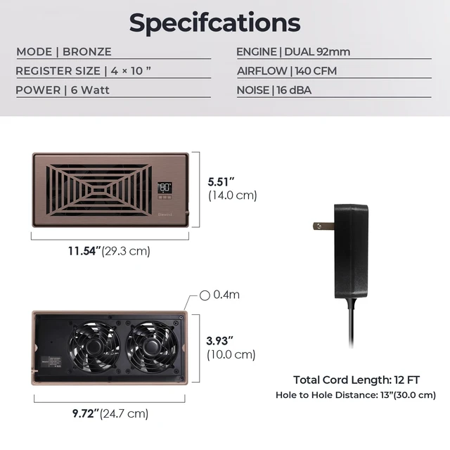 Alt view image 6 of 7 - Quiet Smart Register Booster Fan Fits 4" x 10" Vent Opening, Bronze Smart Heating Cooling AC Vent Fan, Temp-Based Auto On/Off, 10-Speed Remote, Thermostat Control, Power-Off Memory