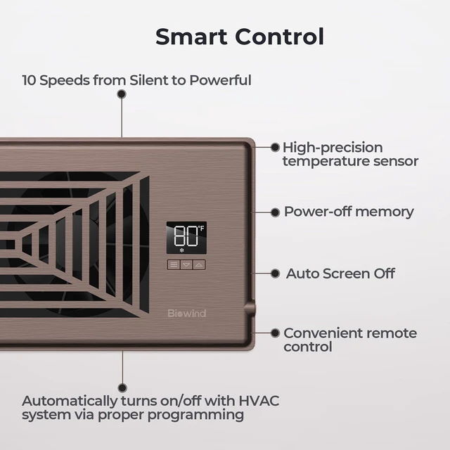 Alt view image 4 of 7 - Quiet Smart Register Booster Fan Fits 4" x 10" Vent Opening, Bronze Smart Heating Cooling AC Vent Fan, Temp-Based Auto On/Off, 10-Speed Remote, Thermostat Control, Power-Off Memory