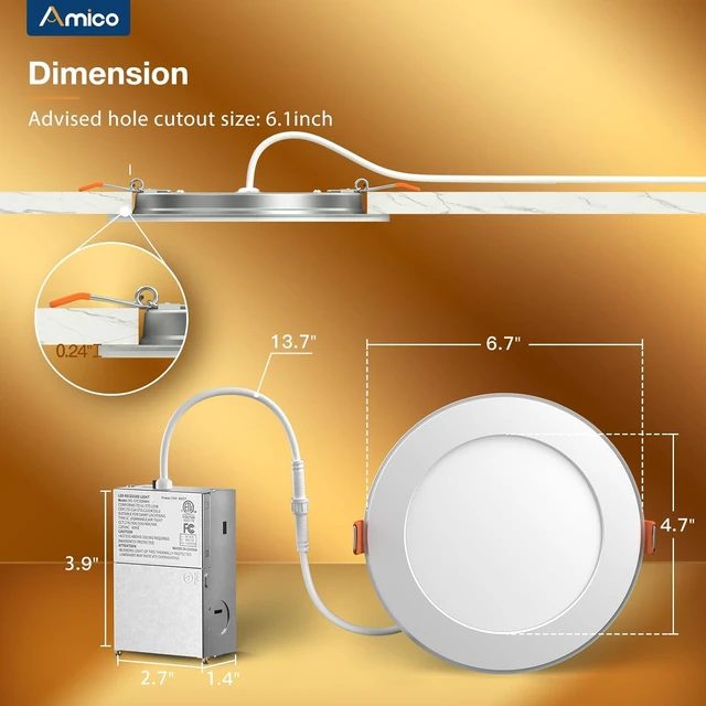 Alt view image 4 of 7 - 2 Pack 6 Inch LED Recessed Light with Night Light, 5CCT, 1100LM Ultra-Thin Ceiling Light, 5%-100% Dimmable, No Flicker, 2700K-5000K, Canless Wafer Downlight with J-Box, 12W=110W, IC/ETL/FCC