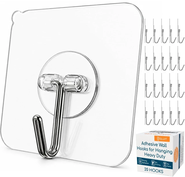 Main image of Adhesive Wall Hooks for Hanging Heavy Duty No Drill, 22 lbs, 20 pcs Adhesive Hooks for Hanging, Transparent, Waterproof, Sticky Towel Hook for Bathroom, Kitchen, Home, Office, Outdoor
