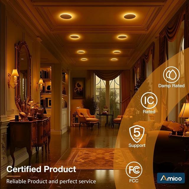 Alt view image 7 of 7 - 2 Pack 6 Inch LED Recessed Light with Night Light, 5CCT, 1100LM Ultra-Thin Ceiling Light, 5%-100% Dimmable, No Flicker, 2700K-5000K, Canless Wafer Downlight with J-Box, 12W=110W, IC/ETL/FCC