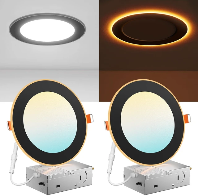 Main image of 2 Pack 6 Inch LED Recessed Light with Night Light, 5CCT, Black Ultra-Thin Ceiling Light, Dimmable, 1100LM, No Flicker, 2700K-5000K, Canless Wafer Downlight with J-Box, 12W=110W,IC/ETL/FCC