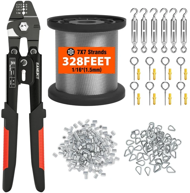 Main image of Wire Rope Crimper Kit, 328ft 1/16" Stainless Steel Cable, Swager with 200Pcs Crimping Sleeves and 50Pcs M2 Thimbles, 6Pcs M4 Hook & Eye Turnbuckle and 8Pcs Eye Screws for Railing, Decking, H
