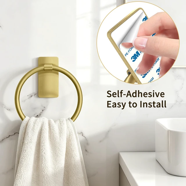 Alt view image 2 of 6 - Gold Towel Ring for Bathroom, Adhesive Hand Towel Holder for Bathroom, Kitchen, No Drill